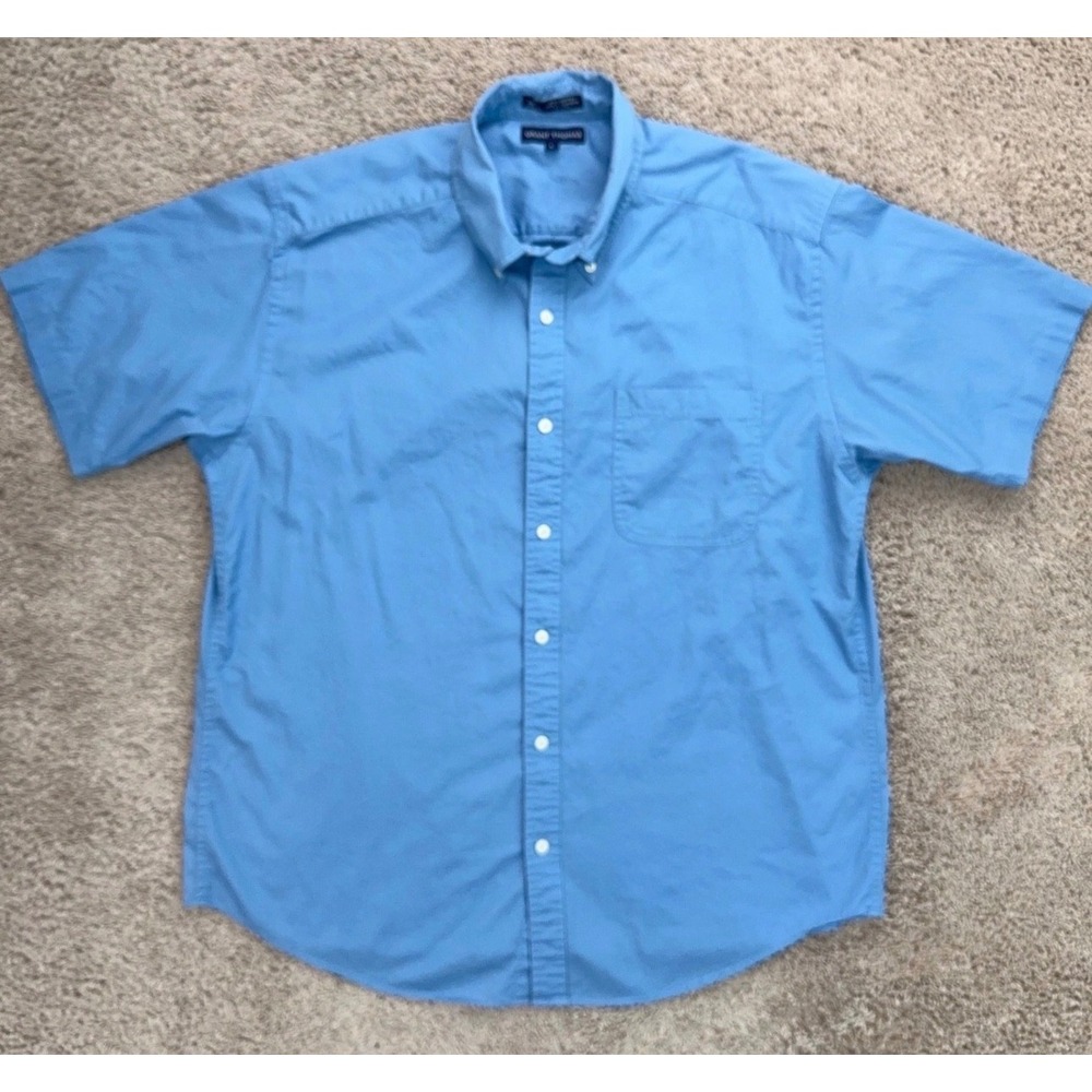 Grant Thomas Shirt Mens L Blue Short Sleeve Button Down Cotton Pocket Solid Top